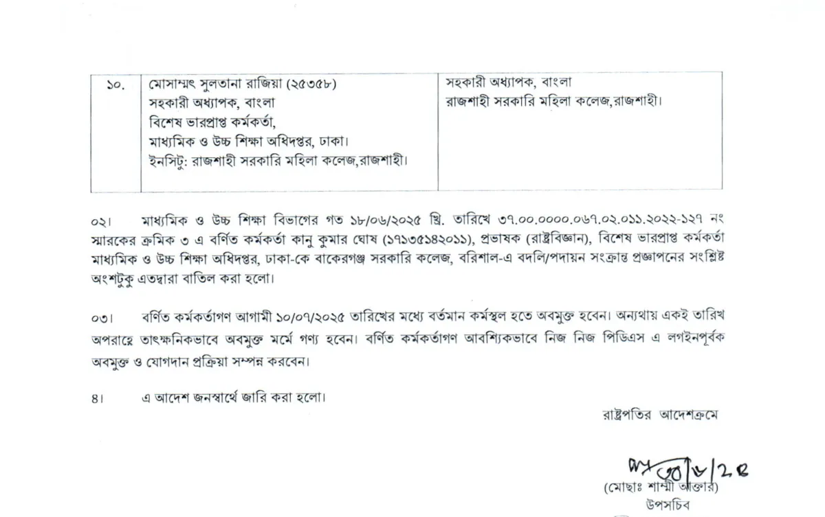 ২৬ শিক্ষা ক্যাডার কর্মকর্তার বদলি