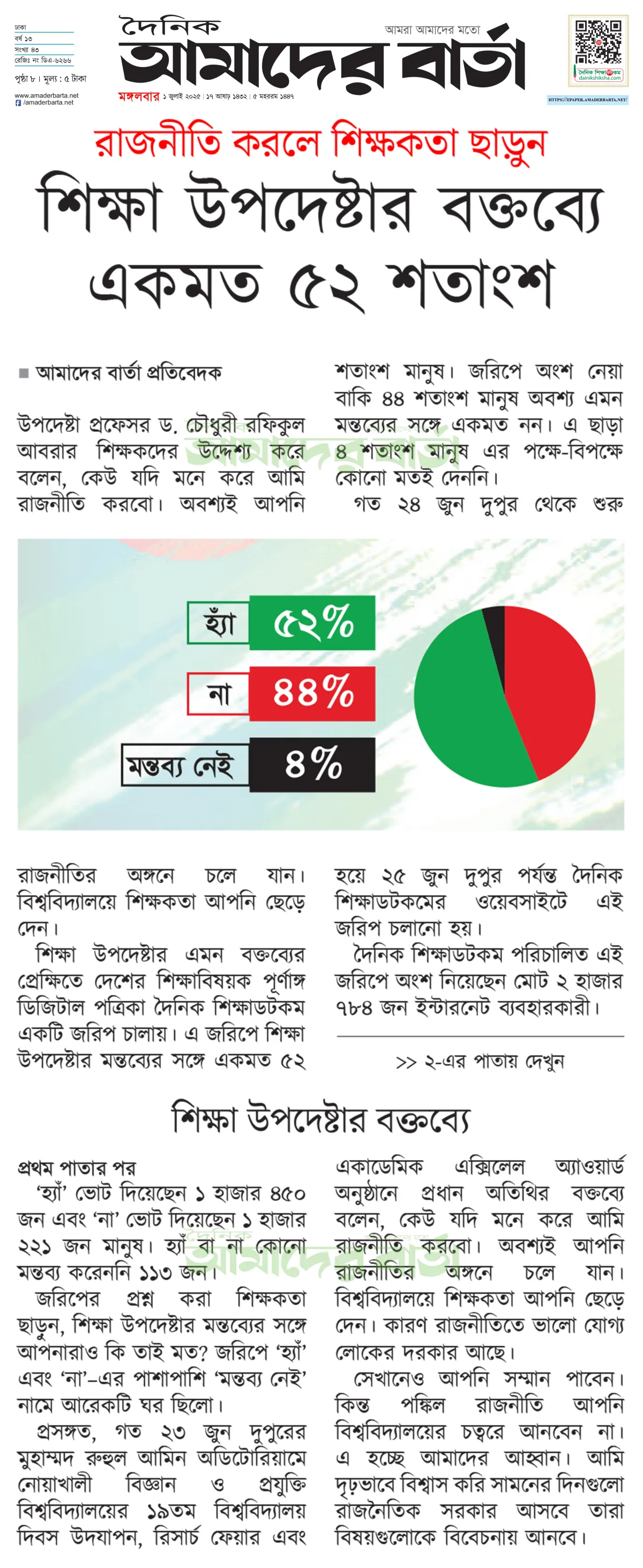 রাজনীতি করলে শিক্ষকতা ছাড়ুন: শিক্ষা উপদেষ্টার বক্তব্যে একমত ৫২ শতাংশ