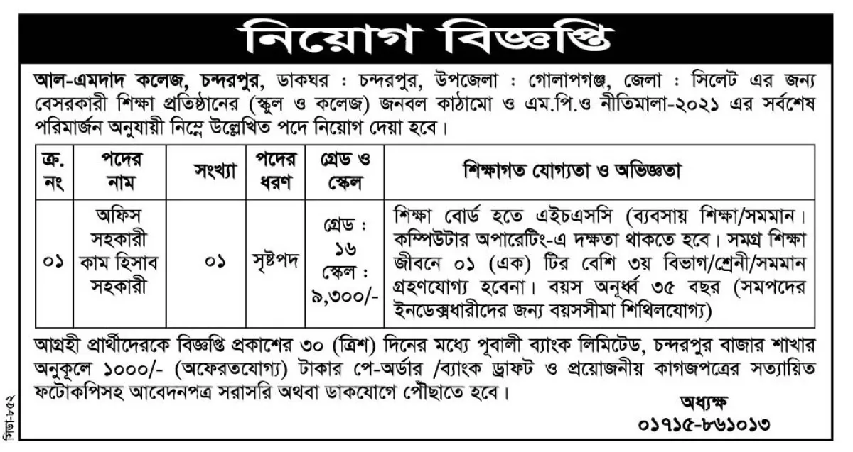 আল এমদাদ কলেজ, চন্দরপুর-এ নিয়োগ বিজ্ঞপ্তি
