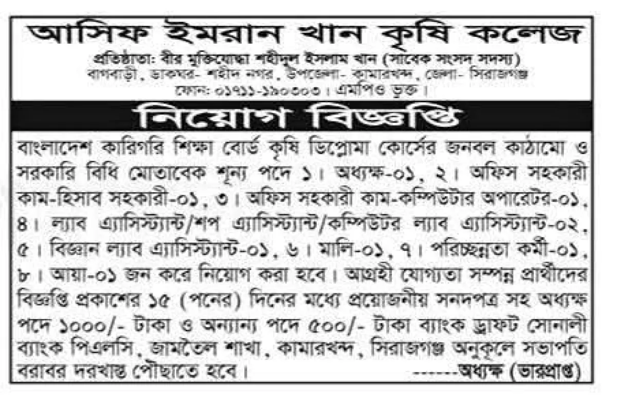 আসিফ ইমরান খান কৃষি কলেজে শিক্ষক ও কর্মচারী নিয়ােগ বিজ্ঞপ্তি