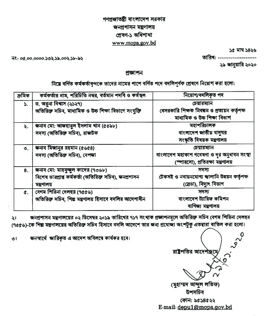 এনটিআরসিএর চেয়ারম্যানকে বদলি