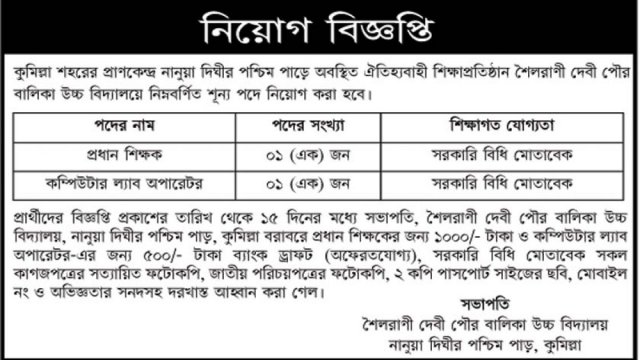 শৈলরাণী দেবী পৌর বালিকা উচ্চ বিদ্যালয়ে নিয়োগ বিজ্ঞপ্তি | স্কুল নিউজ 