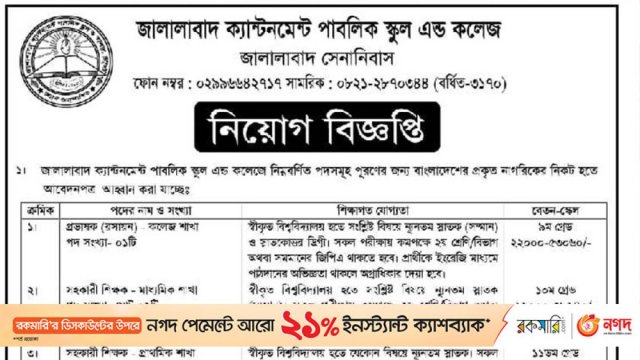 জালালাবাদ ক্যান্টনমেন্ট পাবলিক স্কুল এন্ড কলেজে নিয়োগ বিজ্ঞপ্তি | চাকরির খবর নিউজ 